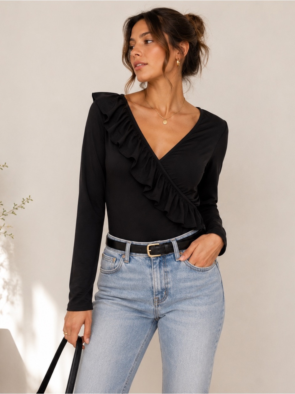 J.Crew Black Ruffle Bodysuit Long Sleeve Minimal Chic Top